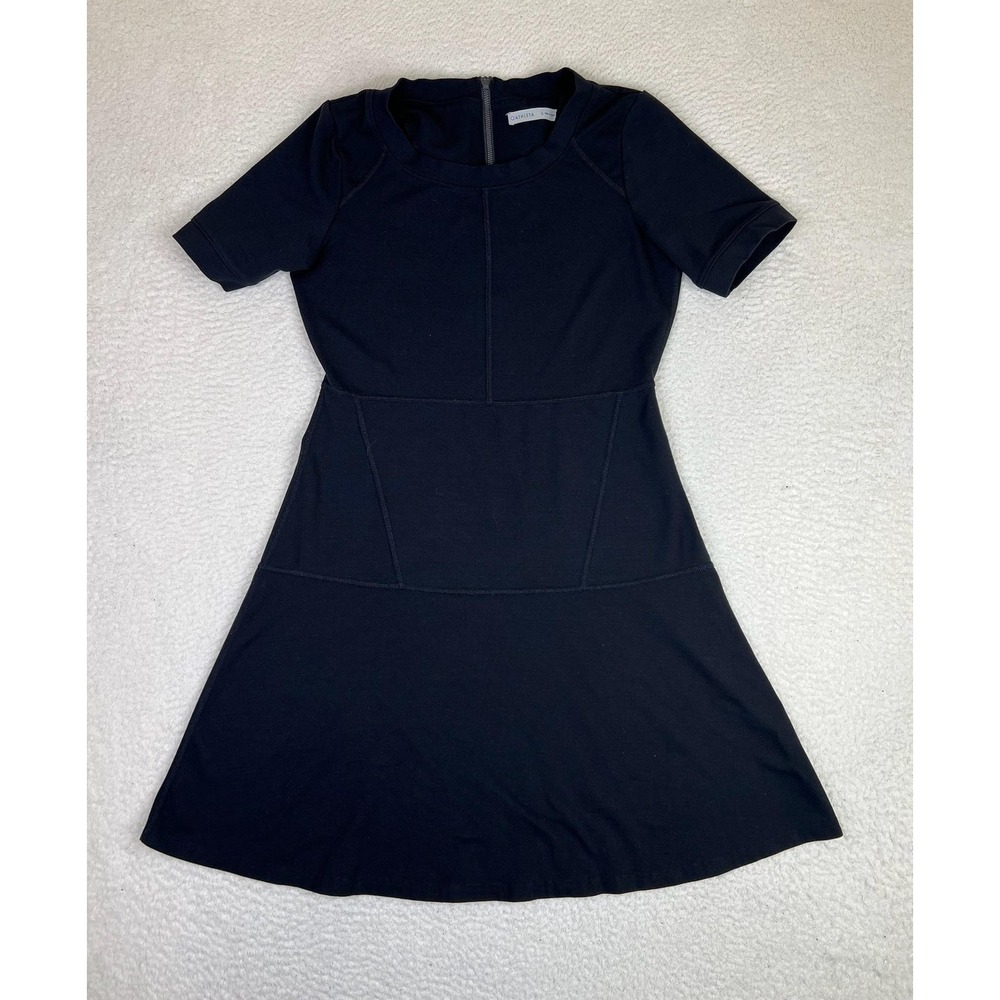 Athleta Dress Womens Small Black Short Sleeve Fit & Flare Knit‎ Back Zip